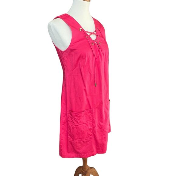 Calvin Klein Sleeveless Sheath Dress Hot Pink Pockets Lace Up V-Neck Size 10 - Picture 6 of 9